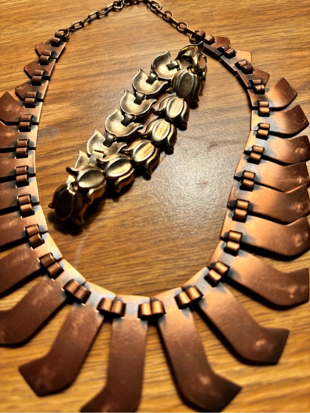 Statement Copper-Tone Bib Choker Necklace and Tulip Bracelet
